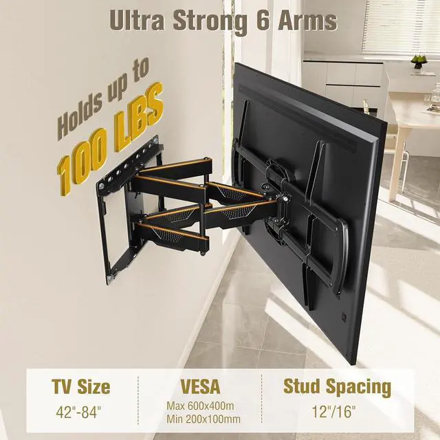 Alt view image 2 of 7 - Mounting Dream TV Wall Mount, UL Listed Full Motion Mount Bracket for 42-84 Inch Flat Screen TVs, Swivel Articulating Dual Arms, Max VESA 600x400mm, 100 LBS Loading, Fits 16 Inches Wood Studs, MD2296