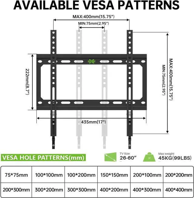 Alt view image 3 of 6 - USX MOUNT Fixed TV Wall Mount with Low Profile for Most 26-60 Inch LED, LCD and Flat Screen TVs, Wall Mount Bracket with VESA Up to 400x400mm and Weight Capacity 99lbs,and Space Saving TV Bracket