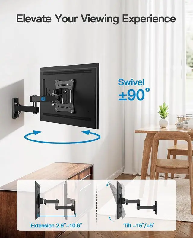 Alt view image 5 of 7 - Pipishell Full Motion TV Wall Mount Brackets Swivel Tilts Articulating Extension Fits Max VESA 100x100mm, Corner TV Mount for 13-32 Inches LED LCD Flat Curved Screen TVs Monitors, Single Stud