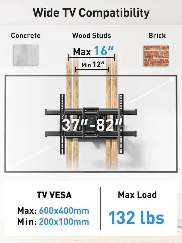 Alt view image 2 of 6 - Full Motion TV Wall Mount for Most 37-82 inch TVs up to 132 lbs TV Mount with Dual Articulating Arms with Tilt and Extension Fits 12 16 Studs Max VESA 600x400mm PSLFK1