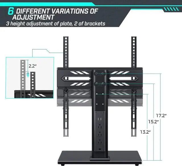 Alt view image 2 of 7 - Greenstell TV Stand with Power Outlet, Universal TV Mount Stand for 27-65 inch TVs, Height Adjustable, Swivel Table Top TV Stand with Tempered Glass Base, Holds up to 88 LBs, Max VESA 400x400mm