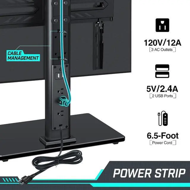 Alt view image 3 of 7 - Greenstell TV Stand with Power Outlet, Universal TV Mount Stand for 27-65 inch TVs, Height Adjustable, Swivel Table Top TV Stand with Tempered Glass Base, Holds up to 88 LBs, Max VESA 400x400mm