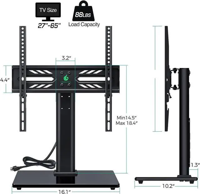 Alt view image 5 of 7 - Greenstell TV Stand with Power Outlet, Universal TV Mount Stand for 27-65 inch TVs, Height Adjustable, Swivel Table Top TV Stand with Tempered Glass Base, Holds up to 88 LBs, Max VESA 400x400mm