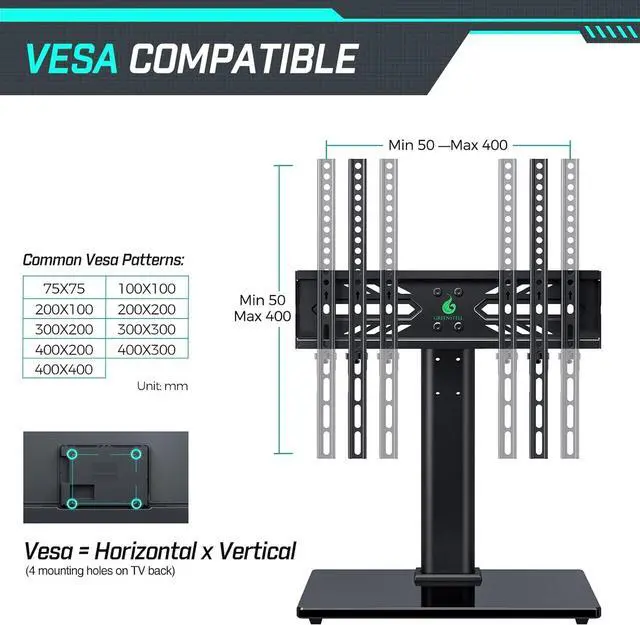 Alt view image 7 of 7 - Greenstell TV Stand with Power Outlet, Universal TV Mount Stand for 27-65 inch TVs, Height Adjustable, Swivel Table Top TV Stand with Tempered Glass Base, Holds up to 88 LBs, Max VESA 400x400mm