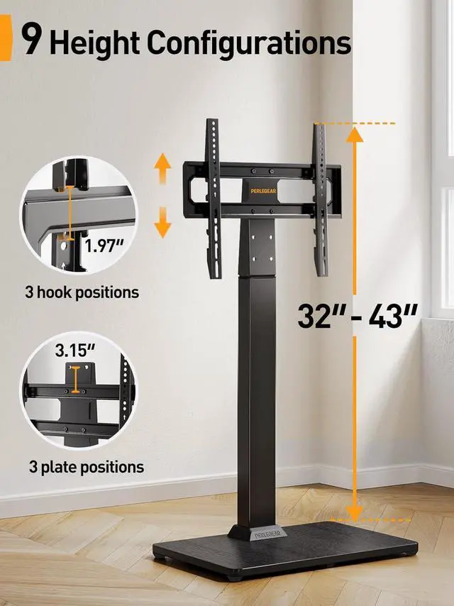 Alt view image 3 of 7 - Perlegear Floor TV Stand with Mount for 32-70 inch TVs up to 88lbs, Floor Standing TV Stand with 9 Height Adjustment, TV Swivel Stand for Living Room with Wood Base, Max VESA 400x400mm, PGFS09