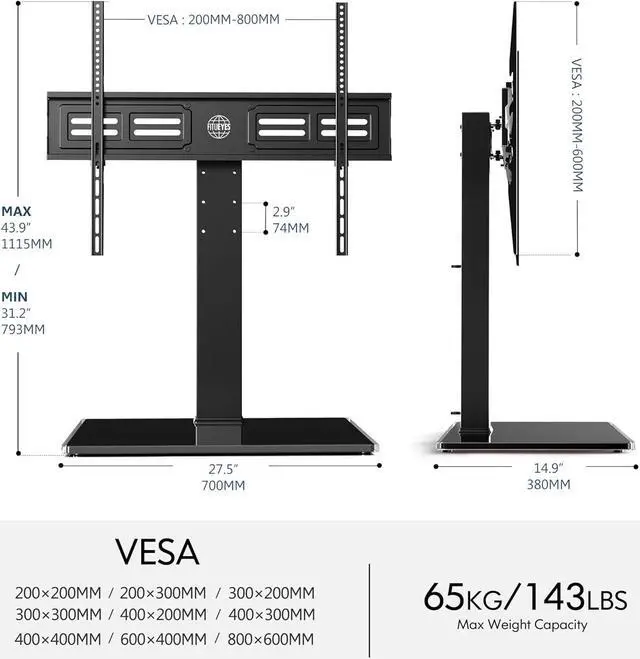 Alt view image 7 of 7 - FITUEYES Universal TV Stand with Swivel Mount for 50-85 inch Flat Screens - Height Adjustable Tempered Glass Base Holds up to 143 lbs