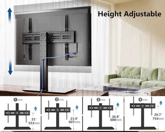 Alt view image 5 of 7 - FITUEYES Universal TV Stand with Swivel Mount for 50-85 inch Flat Screens - Height Adjustable Tempered Glass Base Holds up to 143 lbs