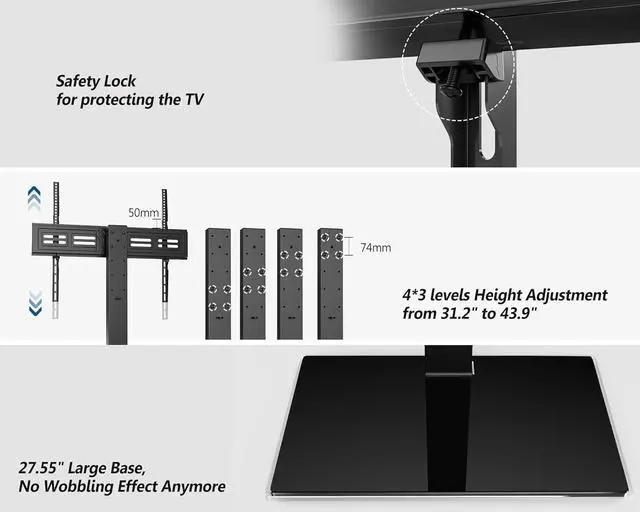Alt view image 6 of 7 - FITUEYES Universal TV Stand with Swivel Mount for 50-85 inch Flat Screens - Height Adjustable Tempered Glass Base Holds up to 143 lbs