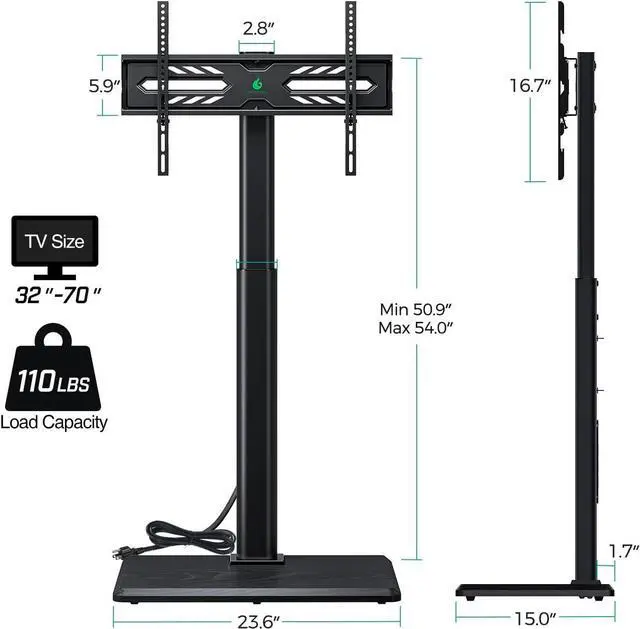 Alt view image 2 of 7 - Greenstell TV Stand with Power Outlet, Universal Floor TV Stand for 32-70 inch TVs, Height Adjustable, Swivel Tall TV Stand with Wood Base, Holds up to 110 LBs, Max VESA 600x400mm