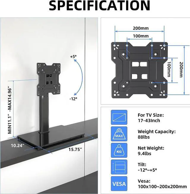 Alt view image 2 of 7 - Universal TV Stand Base, Table Top TV Stand for 17-43 Inch LCD/LED TVs, Height Adjustable Monitor Mount Stand with Tempered Glass Base Holds up to 88lbs VESA 200x200mm, TS103