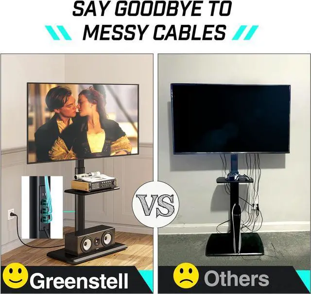 Alt view image 3 of 7 - Greenstell TV Stand with Power Outlet & AV Shelf, Universal Floor TV Stand for 32-70 inch TV, Swivel Tall TV Stand, Holds up to 110 LBs,Height Adjustable and Wood Base, Max VESA 600x400mm,Black