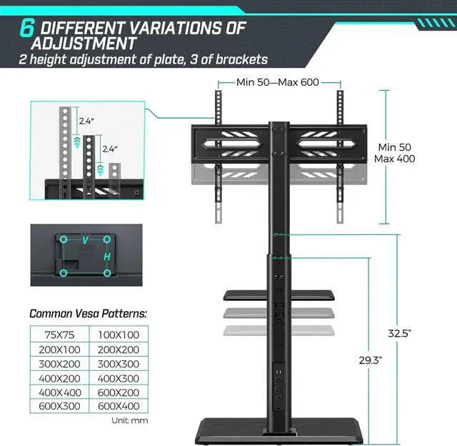 Alt view image 5 of 7 - Greenstell TV Stand with Power Outlet & AV Shelf, Universal Floor TV Stand for 32-70 inch TV, Swivel Tall TV Stand, Holds up to 110 LBs,Height Adjustable and Wood Base, Max VESA 600x400mm,Black