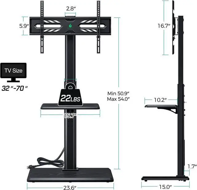 Alt view image 7 of 7 - Greenstell TV Stand with Power Outlet & AV Shelf, Universal Floor TV Stand for 32-70 inch TV, Swivel Tall TV Stand, Holds up to 110 LBs,Height Adjustable and Wood Base, Max VESA 600x400mm,Black
