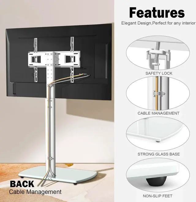 Alt view image 5 of 7 - Floor TV Stand with Swivel Mount, Universal TV Stand for Most 27-65 Inch LED LCD OLED Flat Panel or Curved Screen TVs, Height Adjustable Narrow TV Stand for Bedroom Small Space, White