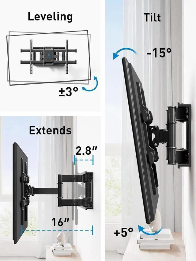 Alt view image 4 of 6 - Full Motion TV Wall Mount for Most 37-82 inch TVs up to 132 lbs TV Mount with Dual Articulating Arms with Tilt and Extension Fits 12 16 Studs Max VESA 600x400mm PSLFK1