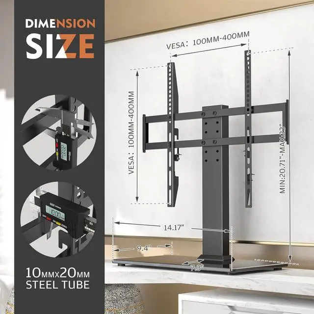 Alt view image 6 of 7 - Universal TV Stand - Table Top TV Stand for 27-60 inch LCD LED TVs - 6 Level Height Adjustable TV Base Stand with Tempered Glass Base & Wire Management, VESA 400x400mm