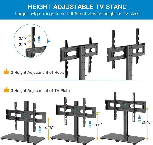 Alt view image 4 of 7 - PERLESMITH Universal TV Stand Table Top TV Base for 32-82 inch LCD LED OLED 4K Flat Screen TVs-Height Adjustable TV Mount Stand with Tempered Glass Base, VESA 600x400mm, Holds up to 99lbs PSTVS11