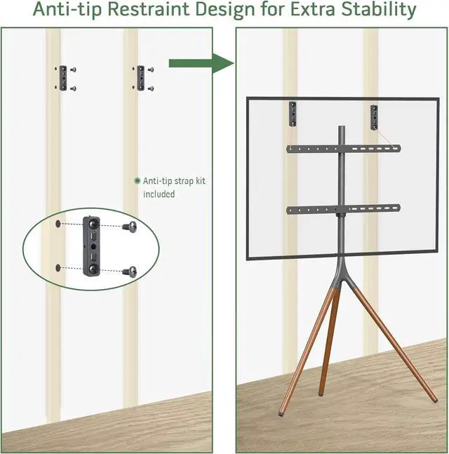 Alt view image 2 of 7 - Easel TV Stand with Tripod Base for 45-65 inch Flat Screen up to 77lbs, Height Adjustable TV Stand Tripod for Living Room w/Cable Ties, 180°Swivel, Black