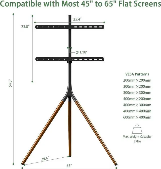 Alt view image 4 of 7 - Easel TV Stand with Tripod Base for 45-65 inch Flat Screen up to 77lbs, Height Adjustable TV Stand Tripod for Living Room w/Cable Ties, 180°Swivel, Black