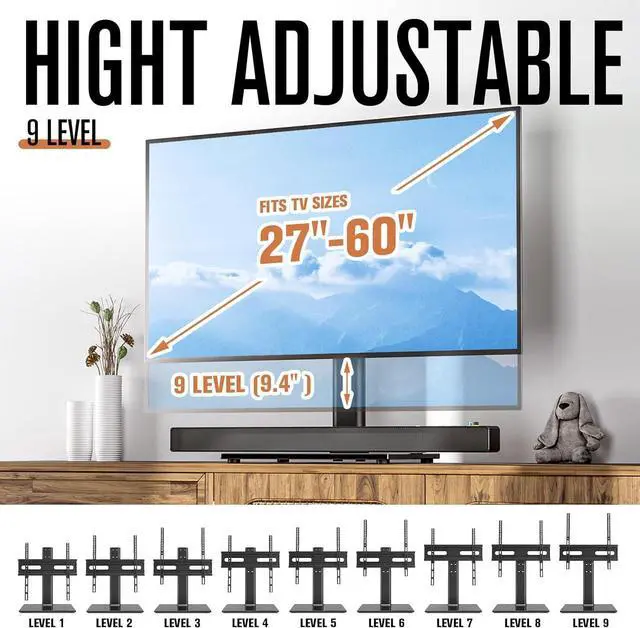 Alt view image 2 of 7 - Universal TV Stand/Base Table Top TV Stand with Wall Mount for Most 27 30 32 39 40 42 43 49 50 55 60 Inch LCD LED Plasma Flat Screen TVs, Vesa Mount Holds up to 88 lbs, 9 Level Height Adjustable