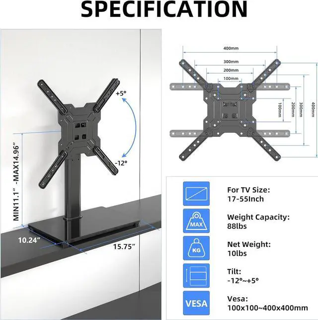 Alt view image 2 of 7 - Universal TV Stand Base, Table Top TV Stand for 17-55 Inch LCD/LED TVs, Height Adjustable Monitor Mount Stand with Tempered Glass Base Holds up to 88lbs VESA 400x400mm, TS102