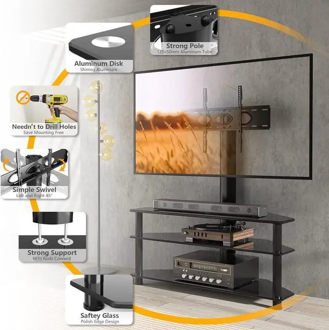 Alt view image 3 of 7 - 5Rcom Corner TV StandTV Stand with Mount with 3 Tier Tempered Glass Shelves for 32-75 Inch TVs, Max VESA 600X400mm, Television Stand