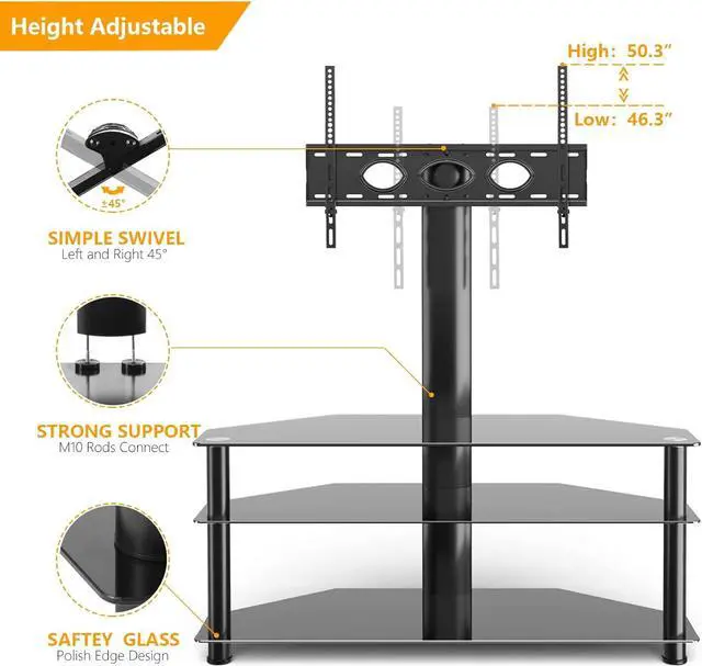Alt view image 4 of 7 - 5Rcom Corner TV StandTV Stand with Mount with 3 Tier Tempered Glass Shelves for 32-75 Inch TVs, Max VESA 600X400mm, Television Stand