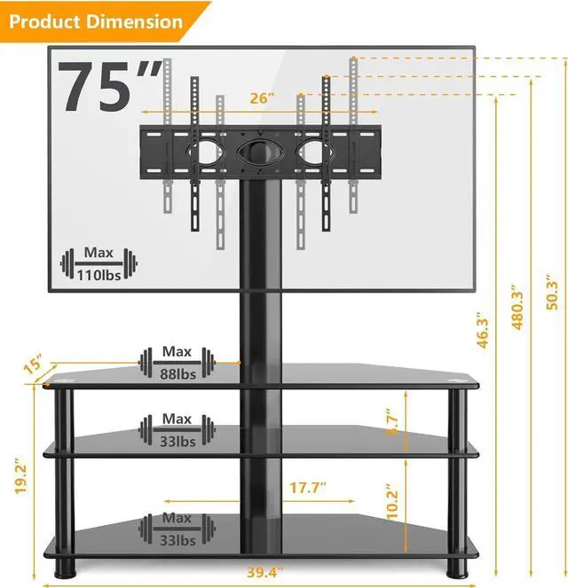 Alt view image 5 of 7 - 5Rcom Corner TV StandTV Stand with Mount with 3 Tier Tempered Glass Shelves for 32-75 Inch TVs, Max VESA 600X400mm, Television Stand