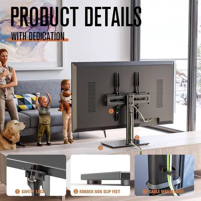 Alt view image 3 of 7 - Universal TV Stand/Base Table Top TV Stand with Wall Mount for Most 27 30 32 39 40 42 43 49 50 55 60 Inch LCD LED Plasma Flat Screen TVs, Vesa Mount Holds up to 88 lbs, 9 Level Height Adjustable