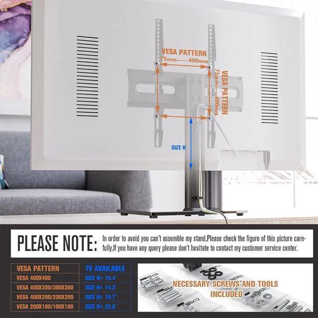 Alt view image 7 of 7 - Universal TV Stand/Base Table Top TV Stand with Wall Mount for Most 27 30 32 39 40 42 43 49 50 55 60 Inch LCD LED Plasma Flat Screen TVs, Vesa Mount Holds up to 88 lbs, 9 Level Height Adjustable