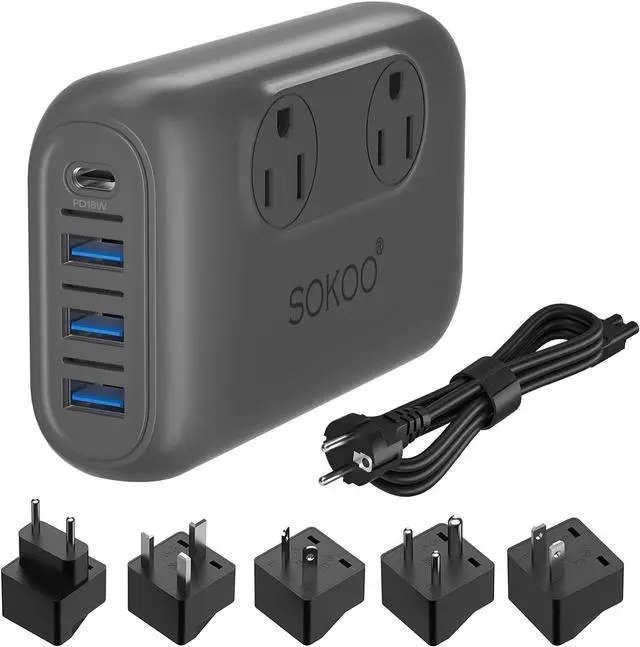 Main image of SOKOO 230-Watt Step Down 100-220V to 110V Voltage Converter, International Power Converter/Travel Adapter- Use for EU/UK/AU/US/India More Than 150 Countries, USB Quick Charger 3.0 Grey