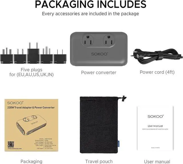 Alt view image 5 of 7 - SOKOO 230-Watt Step Down 100-220V to 110V Voltage Converter, International Power Converter/Travel Adapter- Use for EU/UK/AU/US/India More Than 150 Countries, USB Quick Charger 3.0 Grey