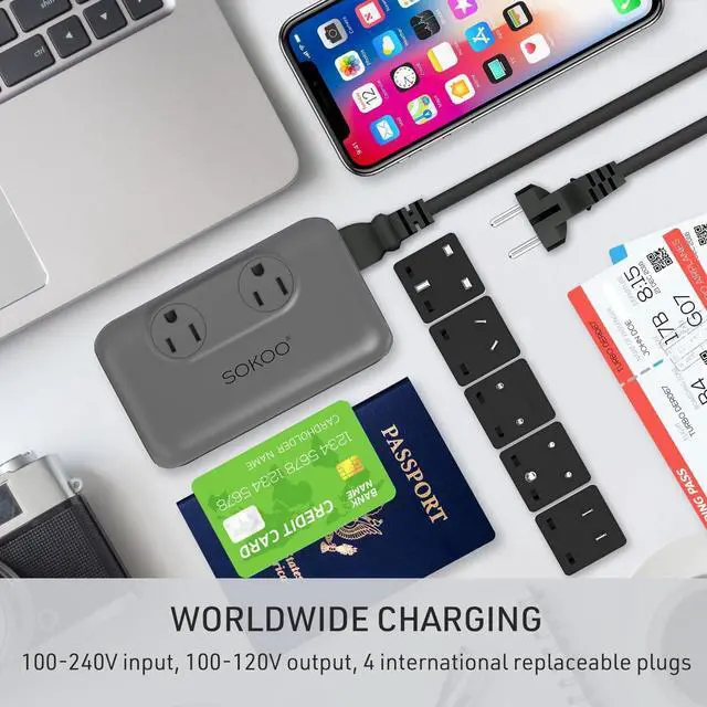 Alt view image 7 of 7 - SOKOO 230-Watt Step Down 100-220V to 110V Voltage Converter, International Power Converter/Travel Adapter- Use for EU/UK/AU/US/India More Than 150 Countries, USB Quick Charger 3.0 Grey