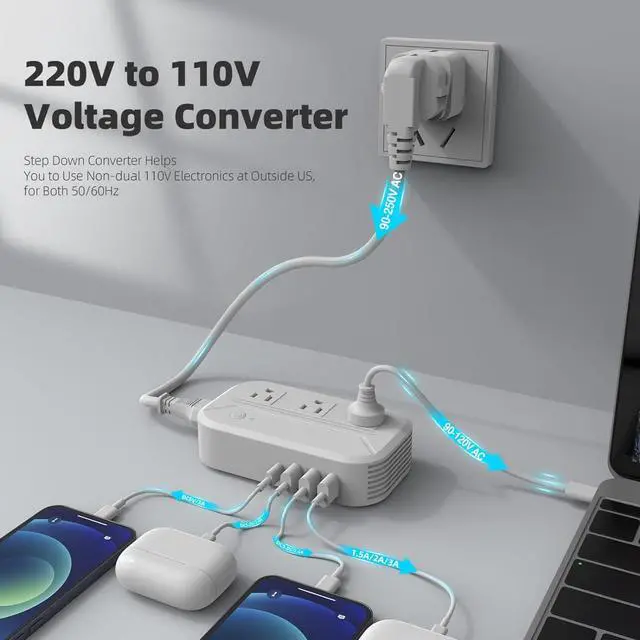 Alt view image 2 of 7 - 220v to 110v Converter 2300W Power Converter Adapter Combo for International Travel with 3 AC 3 USB-A 1 USB-C Step Down Voltage Converter US to Europe, UK, AU, IT, Asia, India, S.Africa 200+ Countries