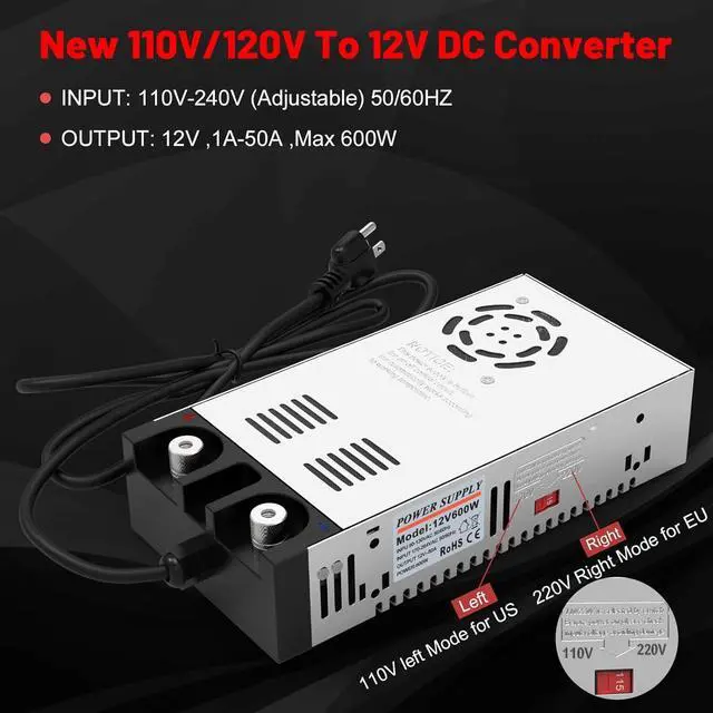 Alt view image 2 of 6 - IMAYCC 110V AC to 12V DC Converter Power Supply 12V DC Switch Transformer for LED Strip, LCD Monitor, CCTV, Radio,Car Stereo and Diesel Heater 50A 600W