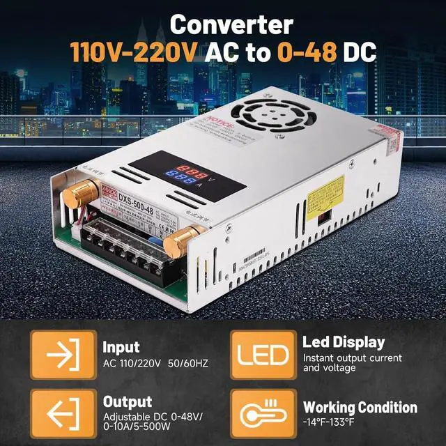 Alt view image 2 of 7 - Adjustable DC Power Voltage Converter with Digital Display AC 110V-220V to DC 0-48V 0-10A Module Switching Power Supply 480W Voltage Regulator Transformer Built in Cooling Fan