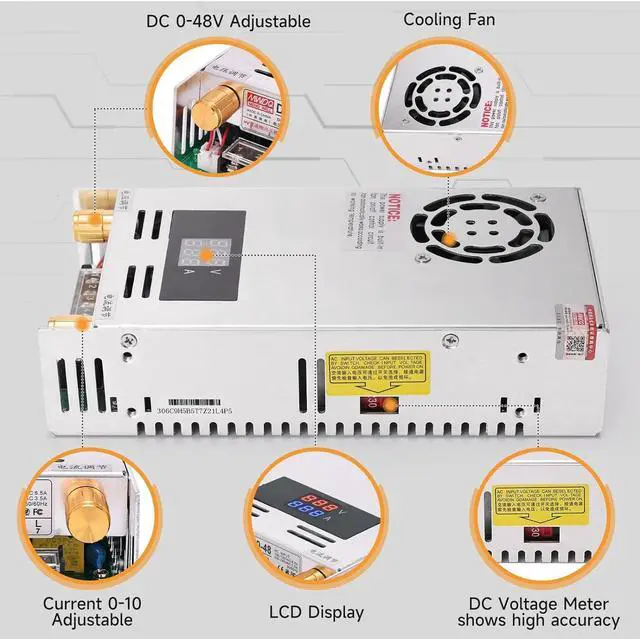 Alt view image 4 of 7 - Adjustable DC Power Voltage Converter with Digital Display AC 110V-220V to DC 0-48V 0-10A Module Switching Power Supply 480W Voltage Regulator Transformer Built in Cooling Fan