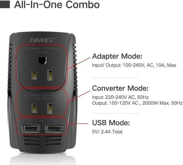 Alt view image 2 of 7 - Upgraded 2000W 220V to 110V Voltage Converter Step Down Voltage for Hair Dryer,Straightener,Curling Iron,Cell Phone Power Converter with 2-Port USB and UK/AU/US/EU 10A Plug Adapter (Black-Write)