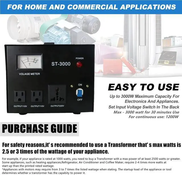 Alt view image 7 of 7 - YaeCCC ST-3000 Voltage Transformer Converter Regulator with Voltage Meter - Step Up/Down - 110V/220V - Circuit Breaker Protection