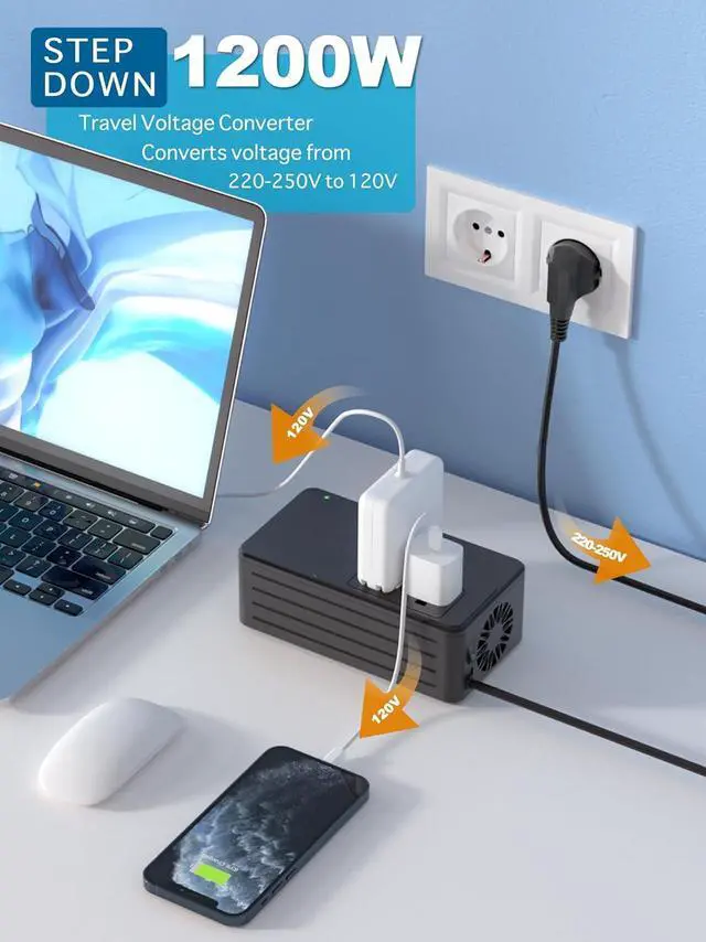 Alt view image 2 of 6 - 1200Watt Voltage Converter 220V to 110V for Any American Appliances such as Hair Dryer Straightener Curling Iron Coffee Maker, Step Down Transformer Travel Power Plug Adapter US to EU/UK/AU/Asia