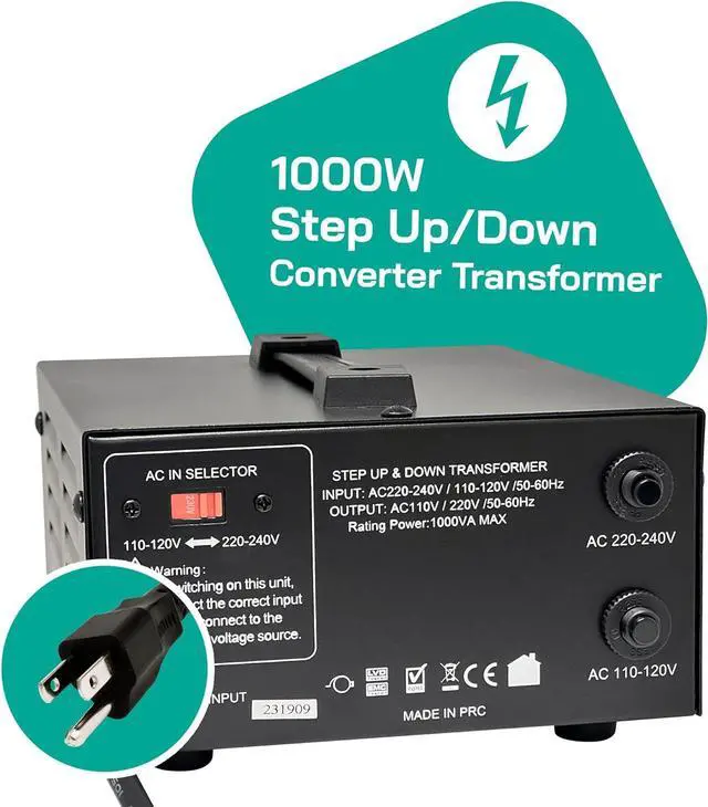 Alt view image 2 of 7 - 1000 Watt Voltage Converter Transformer Step Up/Down - 110v to 220v / 220v to 110v Power Converter - Fully USA Grounded Cord - Universal Outlet Socket, 2x US Outlets - CE Certified