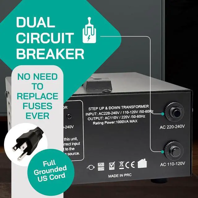Alt view image 7 of 7 - 1000 Watt Voltage Converter Transformer Step Up/Down - 110v to 220v / 220v to 110v Power Converter - Fully USA Grounded Cord - Universal Outlet Socket, 2x US Outlets - CE Certified