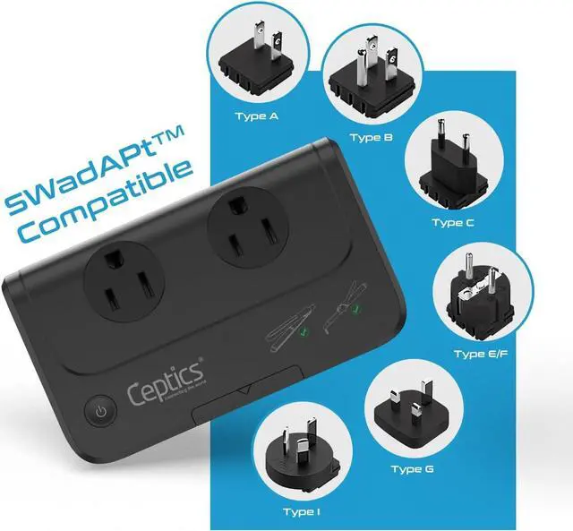 Alt view image 4 of 7 - Ceptics - 6 in 1 Travel Adapter and Voltage Converter, 220V to 110V Converter with Surge Protection, Universal Adapter with Types A, C, G, I attachments & 4 USB PD 18W Fast Charging - Black