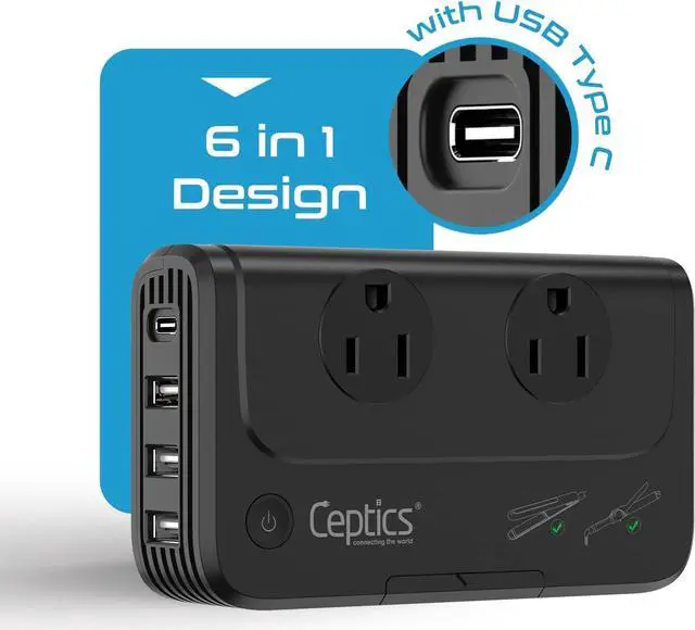 Alt view image 5 of 7 - Ceptics - 6 in 1 Travel Adapter and Voltage Converter, 220V to 110V Converter with Surge Protection, Universal Adapter with Types A, C, G, I attachments & 4 USB PD 18W Fast Charging - Black
