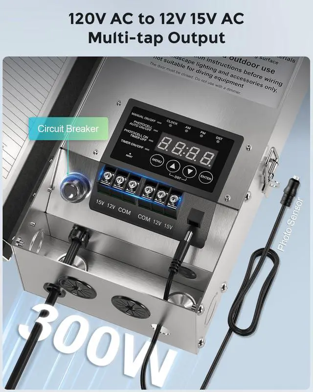 Alt view image 5 of 7 - 300W Landscape Transformer (12V/15V AC), Outdoor Low Voltage Transformers for Landscape Lighting, Detachable Photocell Sensor & Digital Timer, Stainless Steel, ETL Listed