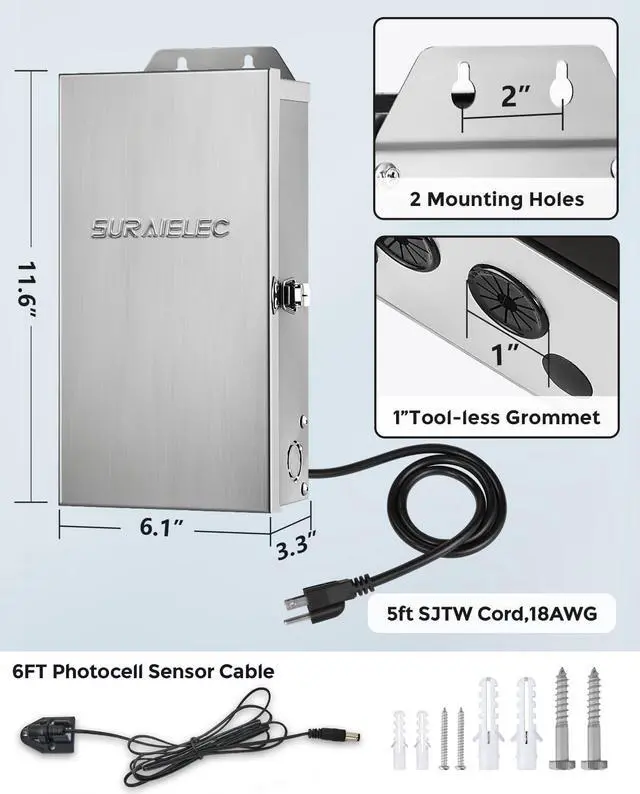 Alt view image 7 of 7 - 300W Landscape Transformer (12V/15V AC), Outdoor Low Voltage Transformers for Landscape Lighting, Detachable Photocell Sensor & Digital Timer, Stainless Steel, ETL Listed