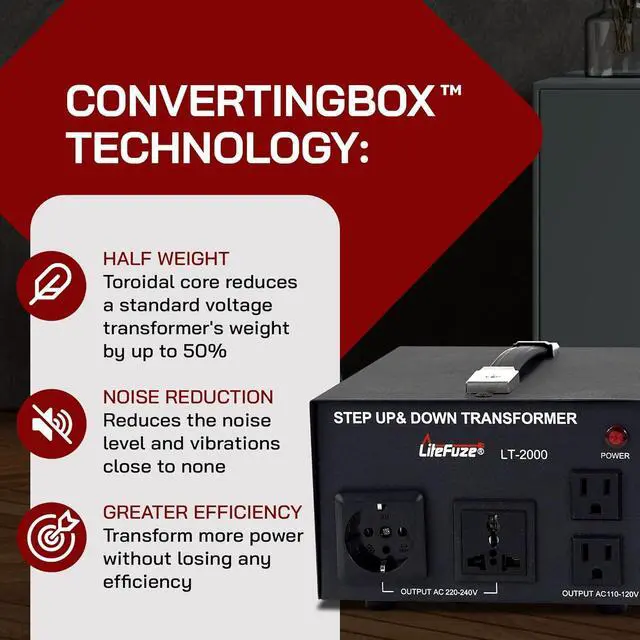 Alt view image 6 of 7 - 2000 Watt Voltage Converter Transformer Step Up/Down - 110v to 220v / 220v to 110v Power Converter - Fully Grounded Cord - Universal Socket, CE Certified