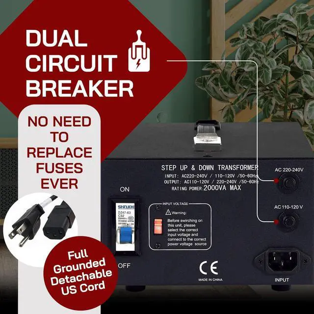 Alt view image 7 of 7 - 2000 Watt Voltage Converter Transformer Step Up/Down - 110v to 220v / 220v to 110v Power Converter - Fully Grounded Cord - Universal Socket, CE Certified