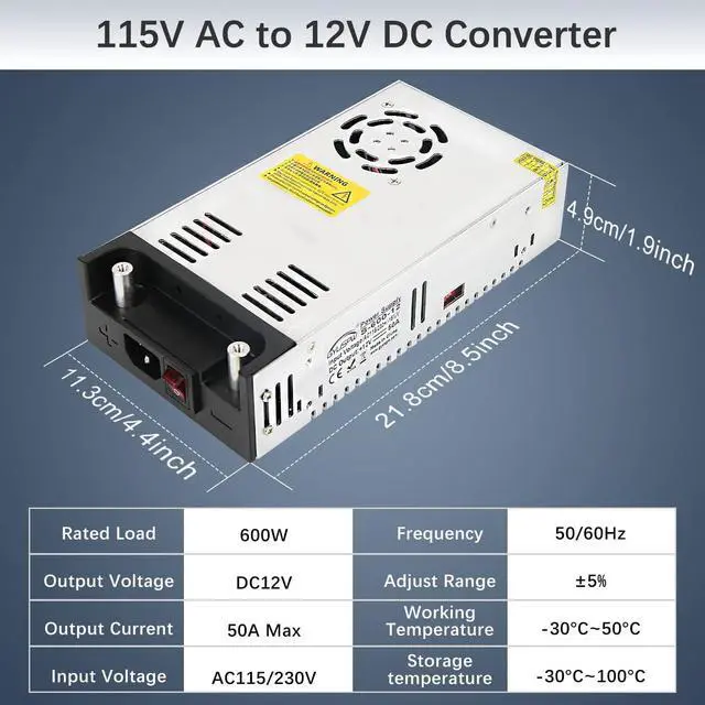 Alt view image 2 of 7 - 115V AC to 12V DC Converter, 12V 50A 600W DC Power Supply Switch, Adjustable Switch Transformer for LED Strip, LCD Monitor, CCTV, 3D Printer, Computer Project, Radio and Car Stereo