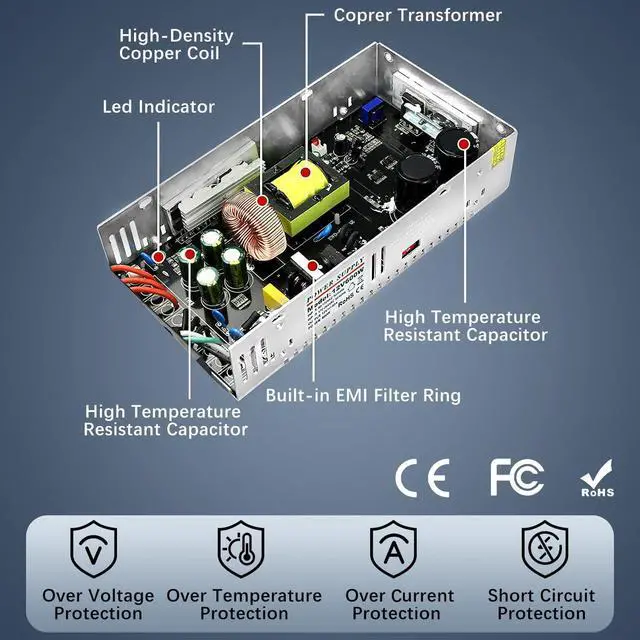 Alt view image 3 of 7 - 115V AC to 12V DC Converter, 12V 50A 600W DC Power Supply Switch, Adjustable Switch Transformer for LED Strip, LCD Monitor, CCTV, 3D Printer, Computer Project, Radio and Car Stereo